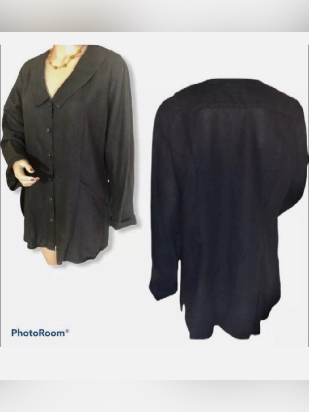FLAX By Jeanne Engelhart Black 100% Linen Sailor Collar Top Sz S